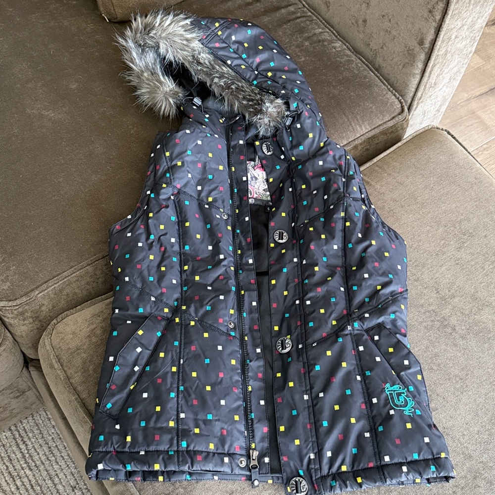 Burton Hooded Sly Puffer Vest Small Black Multicolored Square Pattern